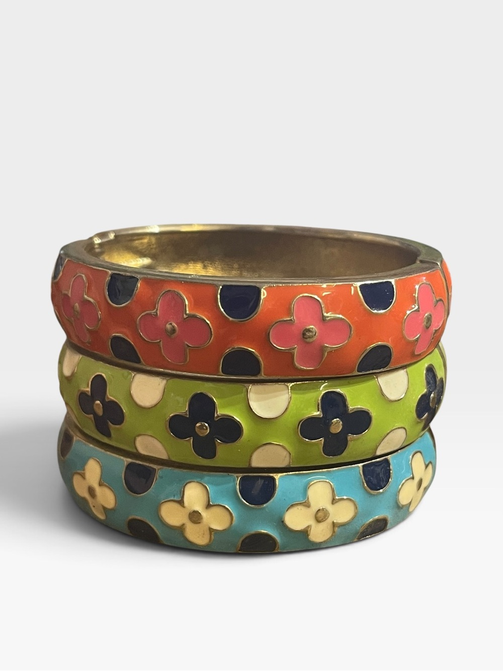 Set of 3 Enamel Floral Bangle Bracelets Colorful Retro Mod Boho